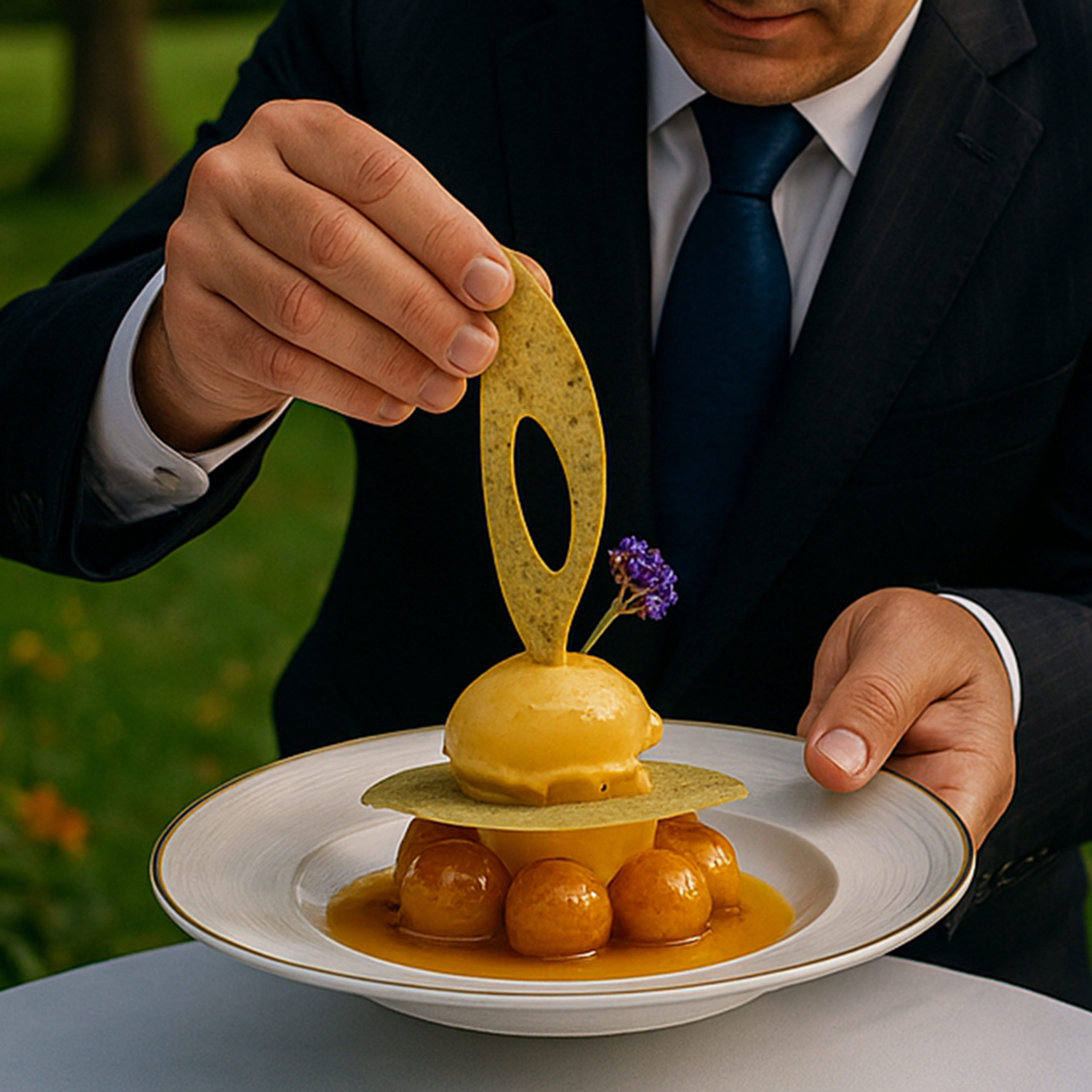 Mirabelles flambées à la camomille, sorbet mirabelle et tuile au thym citronné